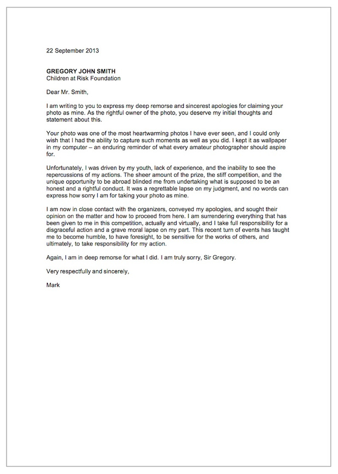 Mark Josseph Solis bocsánatkérő levele