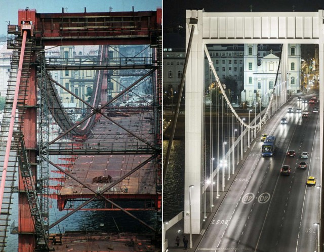 Kombókép az Erzsébet hídról. Balra Szigetváry Zoltán 1964-ben készült felvétele az épülő hídról, jobbra fia, Szigetváry Zsolt fotója, amely 2014. november 20-án készült. Ötven éve, 1964. november 21-én adták át a II. világháború alatt megsemmisült, majd újjáépített hidat a közforgalomnak.